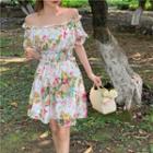 Short-sleeve Floral Print Mini A-line Dress Floral - Pink & Green - One Size