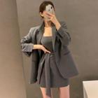 Plain Single-breasted Blazer / Sleeveless Tie-waist Mini Sheath Dress