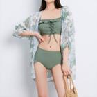 Set: Lace Up Tankini Top + Bikini Bottom + Leaf Print Cover Up