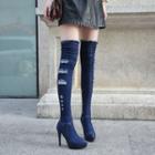 Distressed Platform High Heel Denim Over-the-knee Boots