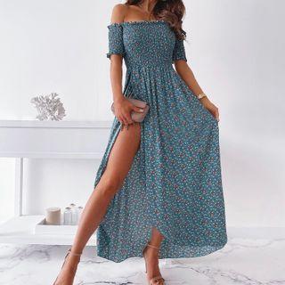 Short-sleeve Off-shoulder Floral Print Slit Maxi A-line Dress
