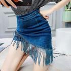 Asymmetric Mini Fringed Denim Skorts