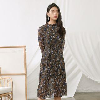Frilled-detail Floral Print Dress With Sash Khaki - One Size