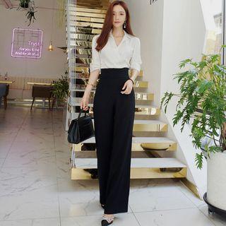 Set: Long-sleeve V-neck Shirt + Wide-leg Pants