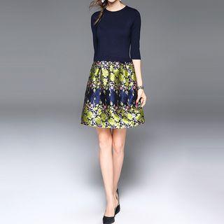 Elbow-sleeve Panel A-line Dress