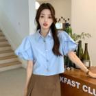 Short-sleeve Button-up Blouse Blue - One Size