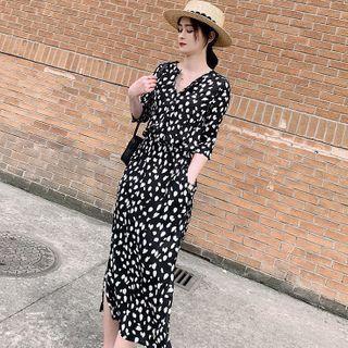 Elbow-sleeve Dotted Chiffon A-line Midi Dress