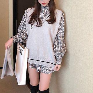 Long Sleeve Plaid Shirt + V-neck Tank Top