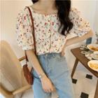Puff-sleeve Floral Print Square-neck Blouse
