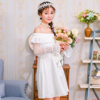 Off-shoulder Mesh Panel Long-sleeve Dress