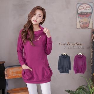 Pocket-accent Turtle-neck Hooded Long-sleeve Top