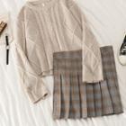 Cable Knit Sweater / Plaid Pleated Skirt