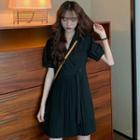 Short-sleeve Buckled Accordion-pleat Mini A-line Dress
