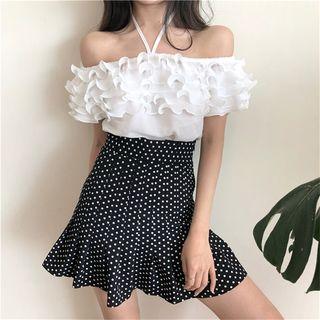 Frilled Slim-fit Halter Top / Dot High-waist Skirt