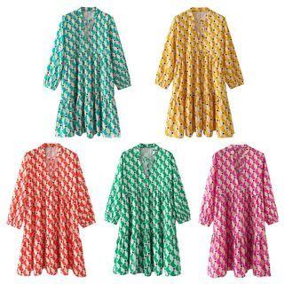 Long-sleeve Retro Print Smock Dress