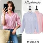 Stand-collar Long-sleeved Loose-fit Pocketed Straight Striped Sheath Blouse