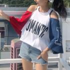 Cutout Shoulder Color Block 3/4-sleeve T-shirt