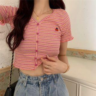 Short-sleeve Striped Button-up Crop Knit Top