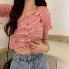 Short-sleeve Striped Button-up Crop Knit Top