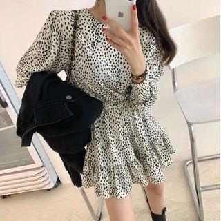 Long-sleeve Leopard A-line Dress