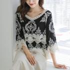 3/4-sleeve Lace-trim Embroidered Top
