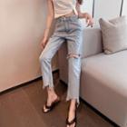 Distressed Straight Leg Jeans / Belt / Set
