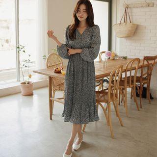 V-neck Crystal-pleat Long Floral Dress