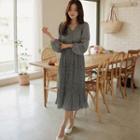 V-neck Crystal-pleat Long Floral Dress