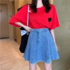 Heart Embroidered Elbow-sleeve T-shirt / A-line Denim Skirt