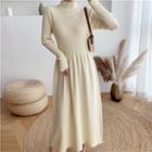 Long-sleeve Mock Neck Knit Midi A-line Dress