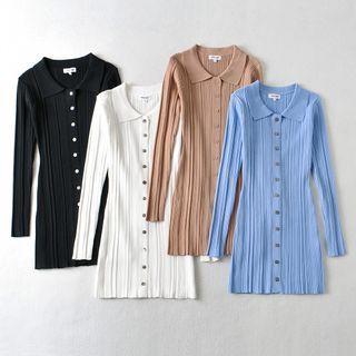 Long-sleeve Collared Knit Mini Sheath Dress