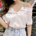 Short-sleeve Cold-shoulder Chiffon Blouse / Sequin Denim Shorts