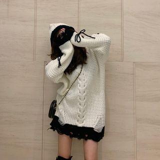 Long-sleeve Lace-up Hooded Knit Sweater White - One Size