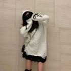 Long-sleeve Lace-up Hooded Knit Sweater White - One Size