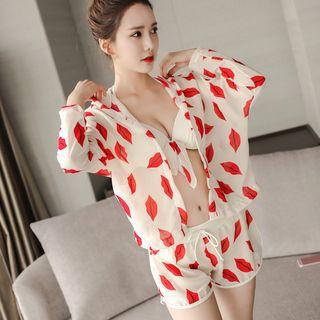 Set: Printed Long-sleeve Top + Shorts + Bikini