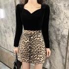 Square-neck Long-sleeve Corduroy Top / Leopard Print Mini Straight-fit Skirt