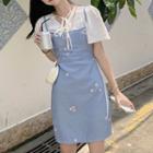 Short-sleeve Tie-front Top / Spaghetti Strap Floral Embroidered Mini Sheath Dress