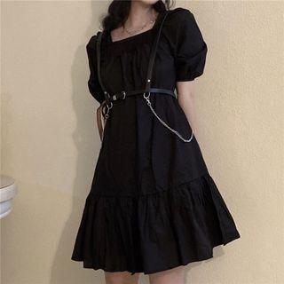 Puff-sleeve Tiered Mini A-line Dress / Body Harness