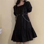 Puff-sleeve Tiered Mini A-line Dress / Body Harness