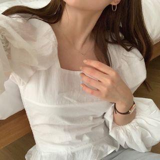 Long-sleeve Square-neck Ruffle-hem Cropped Blouse Beige Almond - One Size