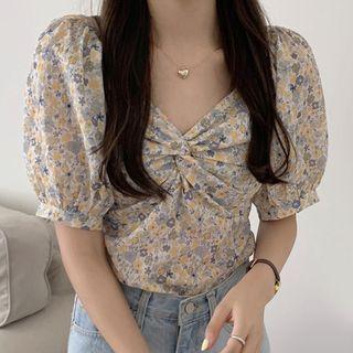 Short-sleeve Floral Print Blouse Gray & Yellow & White - One Size