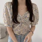 Short-sleeve Floral Print Blouse Gray & Yellow & White - One Size