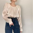 Round-neck Puff-sleeve Ruched Shirt Pearl - One Size