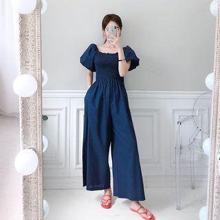 Puff-sleeve Smocked Jumpsuit