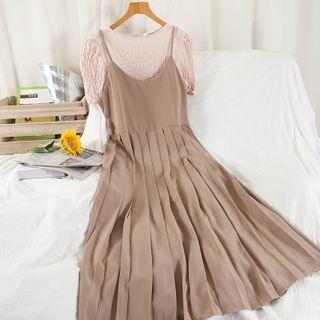 Set: Short-sleeve Blouse + Spaghetti Strap Midi A-line Dress