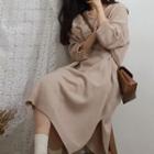 Long-sleeve Slit Midi Knit Dress Almond - One Size