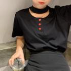 Heart Button Detail Halter-neck T-shirt