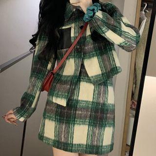 Long-sleeve Plaid Jacket / Plaid A-line Mini Skirt