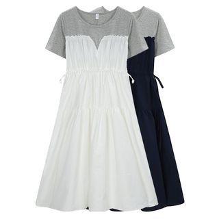 Mock Two-piece Short-sleeve Color Block Panel Drawstring Dress