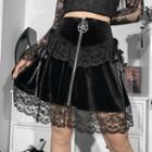 Star-accent Lace Trim Velvet Mini A-line Skirt